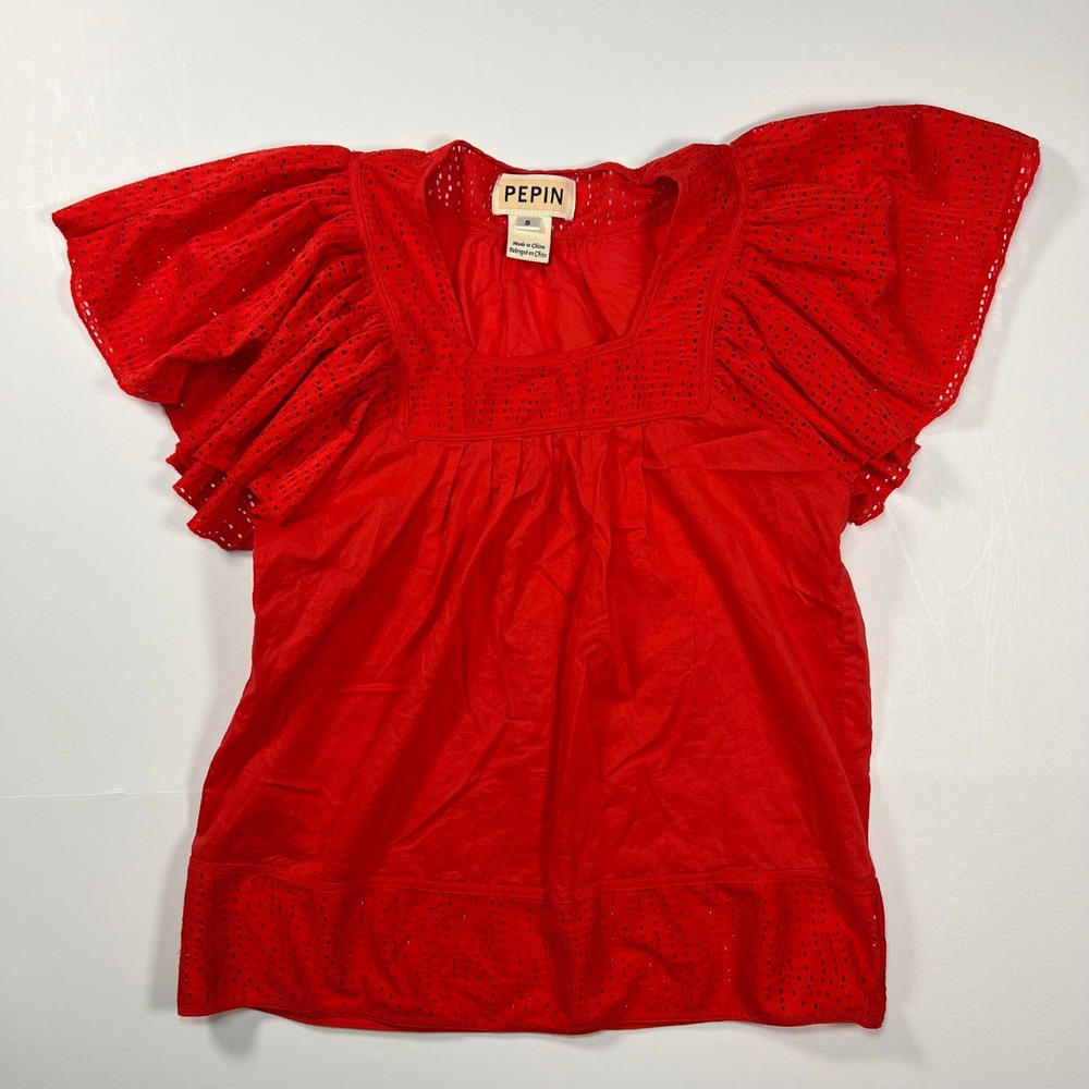 Pepin Eyelet Blouse Women Small Red Butterfly Sleeve Square Neck Cotton Top